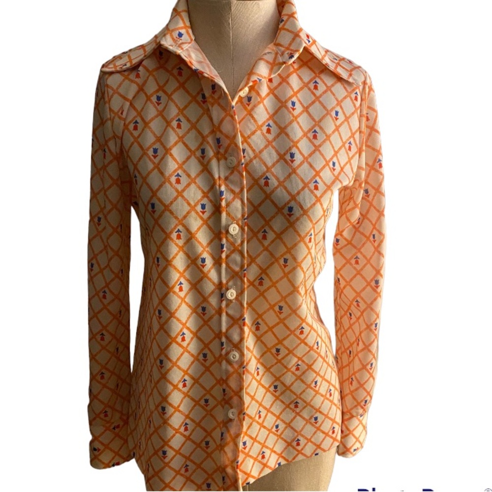 Vintage Jantzen 70s long sleeve diamond tulip print orange blouse button down as